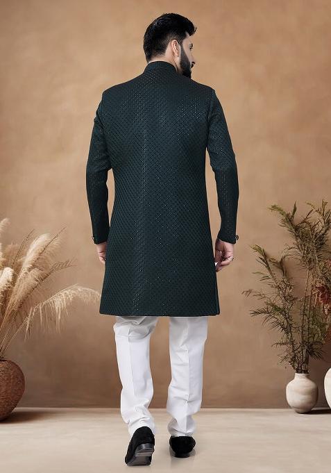 Green Thread Embroidery Jacquard Kurta Set For Men