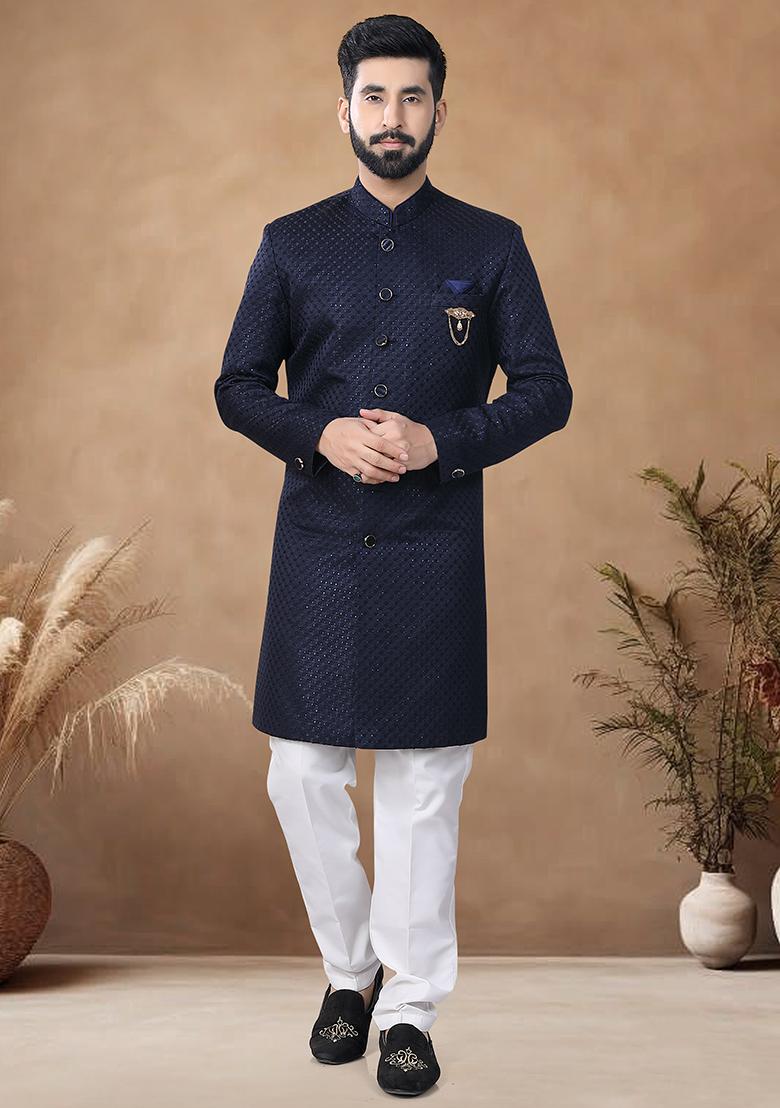 Blue Thread Embroidery Jacquard Kurta Set For Men