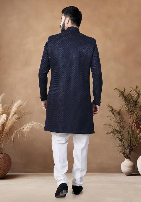 Blue Thread Embroidery Jacquard Kurta Set For Men