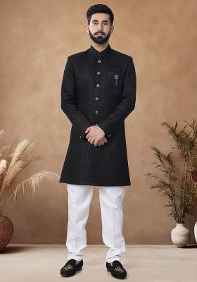 Black Thread Embroidery Jacquard Kurta Set For Men
