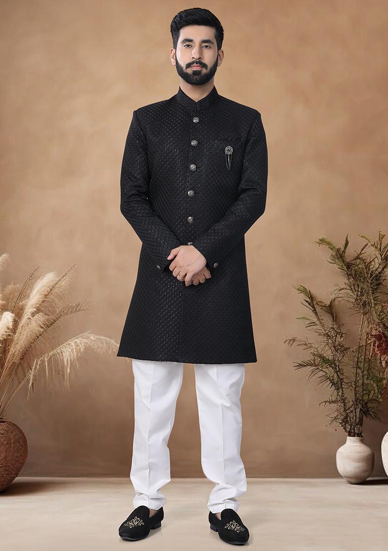 Black Thread Embroidery Jacquard Kurta Set For Men