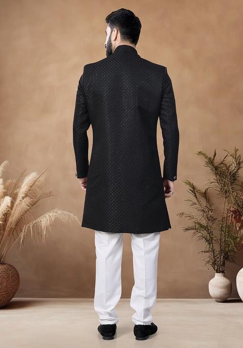 Black Thread Embroidery Jacquard Kurta Set For Men
