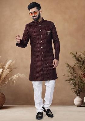 Maroon Thread Embroidery Jacquard Kurta Set For Men