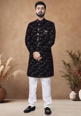 Wine Thread Embroidery Velvet Kurta Set For Men
