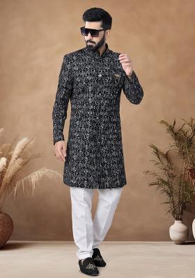Black Thread Embroidery Velvet Kurta Set For Men