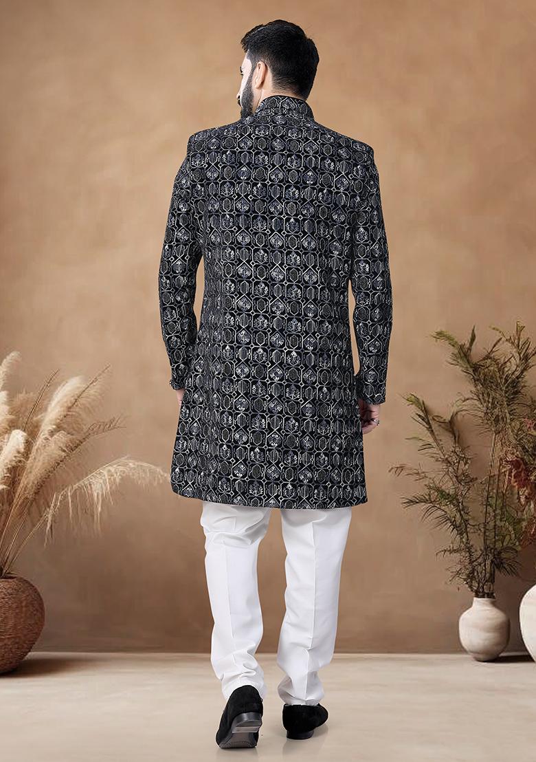 Black Thread Embroidery Velvet Kurta Set For Men - Indya
