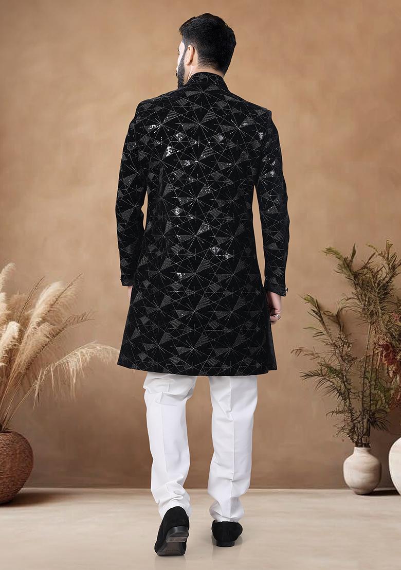 Black Thread Embroidery Velvet Kurta Set For Men - Indya