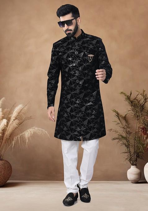 Black Thread Embroidery Velvet Kurta Set For Men