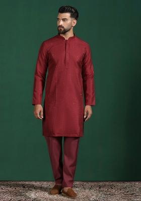 Red Embroidered Silk Blend Kurta For Men