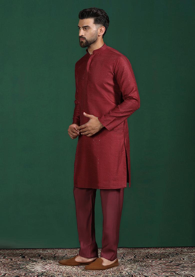Red Embroidered Silk Kurta For Men