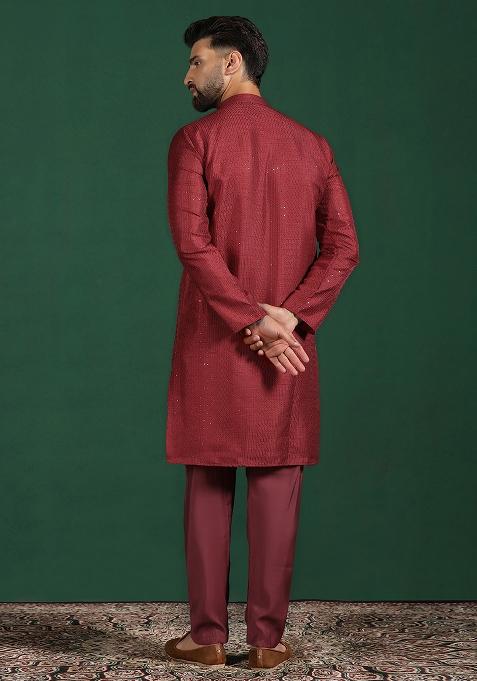 Red Embroidered Silk Kurta For Men