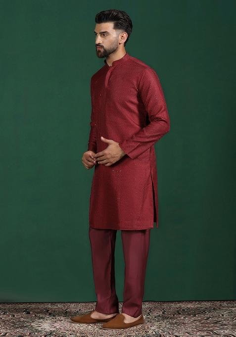 Red Embroidered Silk Kurta For Men