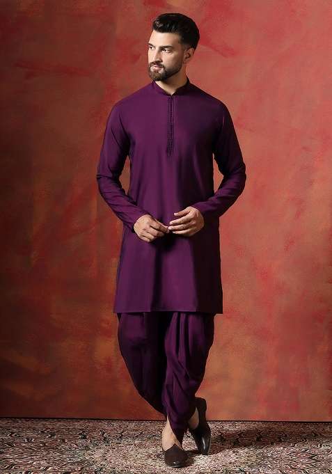 Purple Solid Cotton Kurta For Men