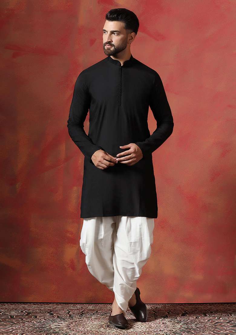 Black Solid Cotton Kurta For Men - Indya