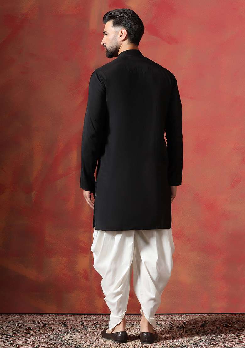 Black Solid Cotton Kurta For Men - Indya