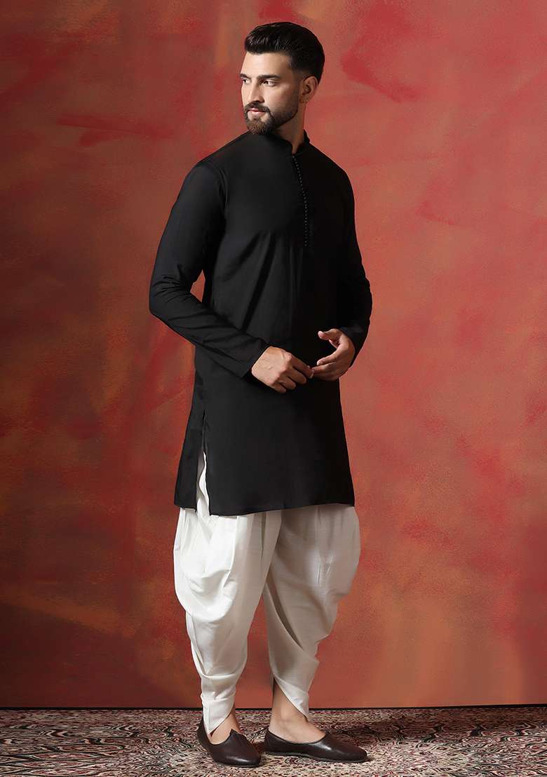 Black Solid Cotton Kurta For Men - Indya