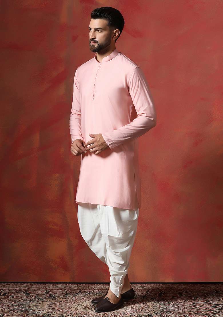 Peach Solid Cotton Kurta For Men - Indya