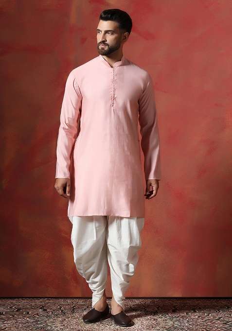 Peach Solid Cotton Kurta For Men