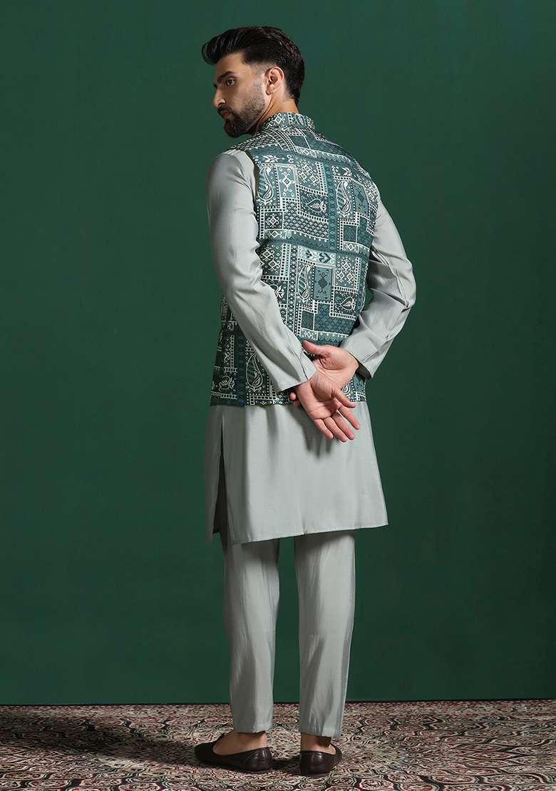 Green Ethnic Motifis Cotton Nehru Jacket For Men - Indya