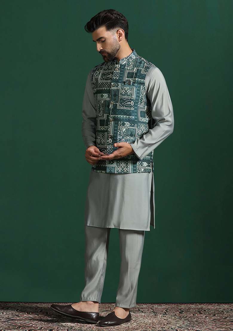 Green Ethnic Motifis Cotton Nehru Jacket For Men - Indya