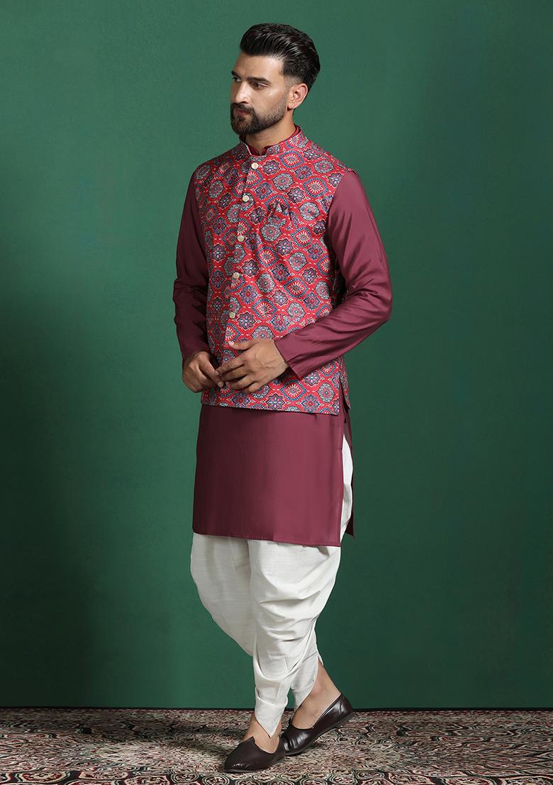 Red Floral Cotton Nehru Jacket For Men