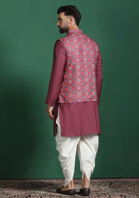Red Floral Cotton Nehru Jacket For Men