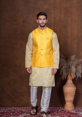 Yellow Solid Blended Nehru Jacket For Men
