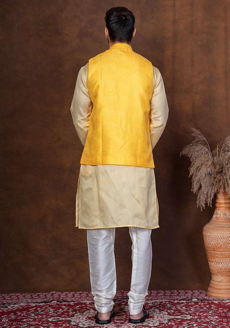 Yellow Solid Blended Nehru Jacket For Men - Indya