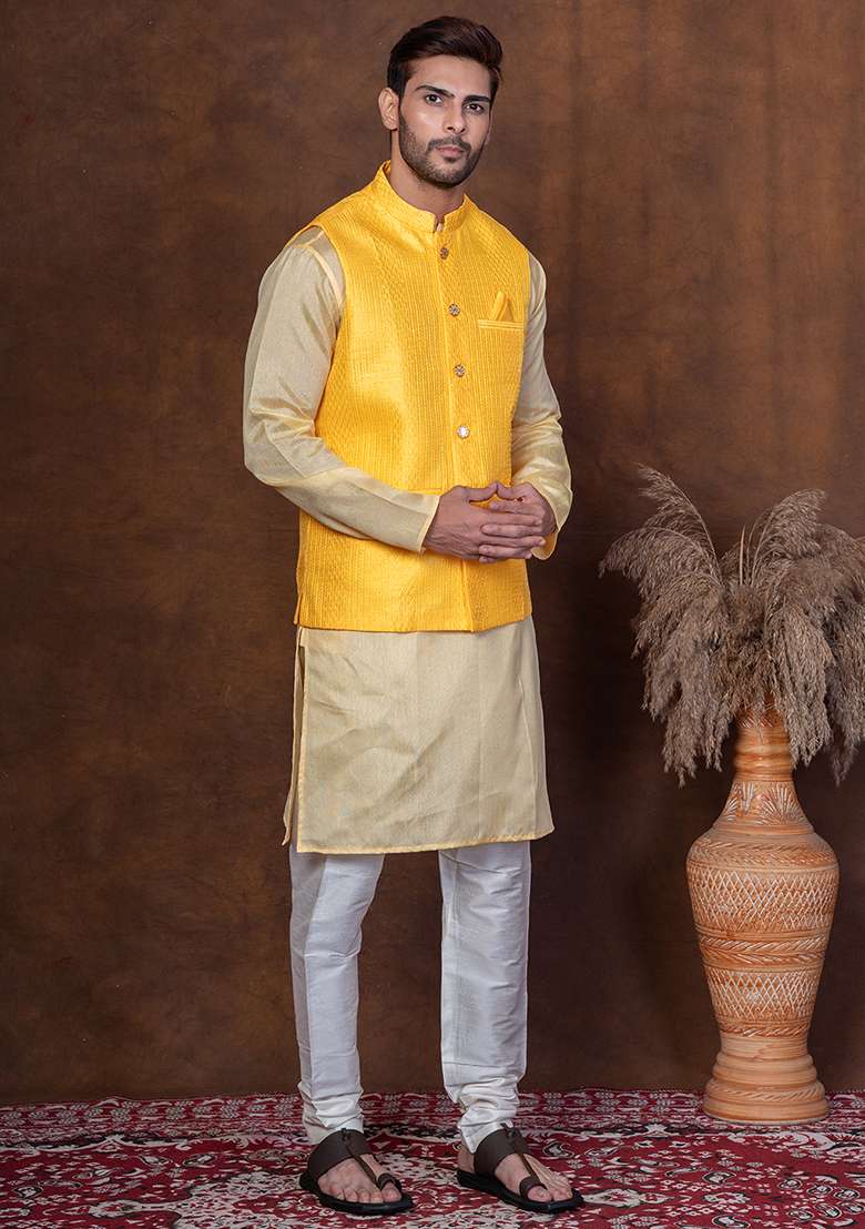Yellow Solid Blended Nehru Jacket For Men - Indya