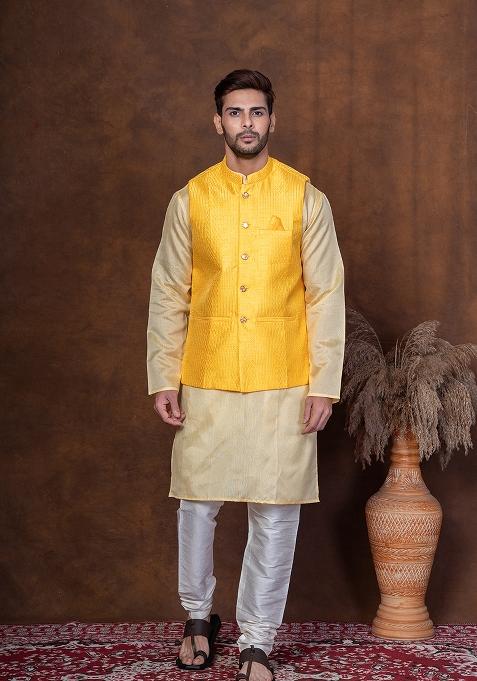 Yellow Solid Blended Nehru Jacket For Men — view on Indya