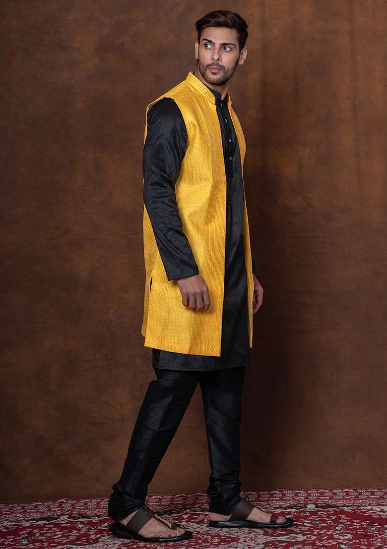 Black Solid Blended Long Jacket For Men - Indya