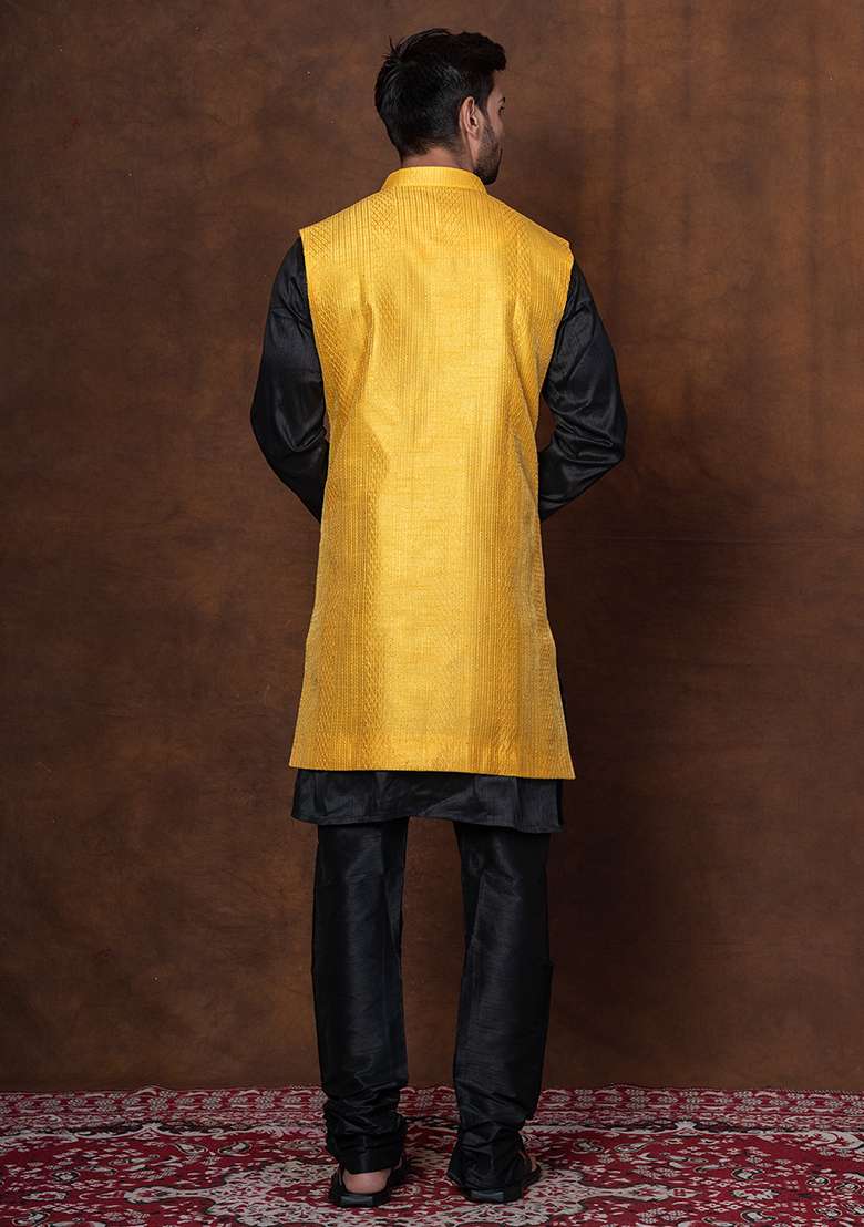 Black Solid Blended Long Jacket For Men - Indya