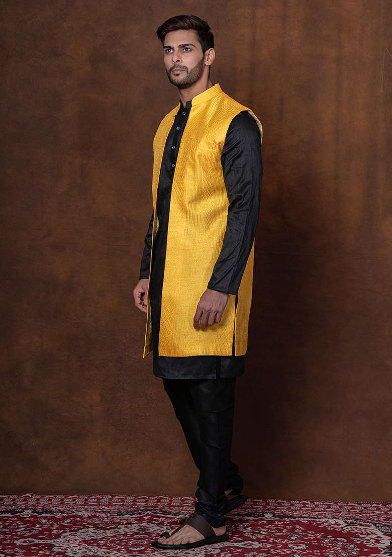 Black Solid Blended Long Jacket For Men - Indya