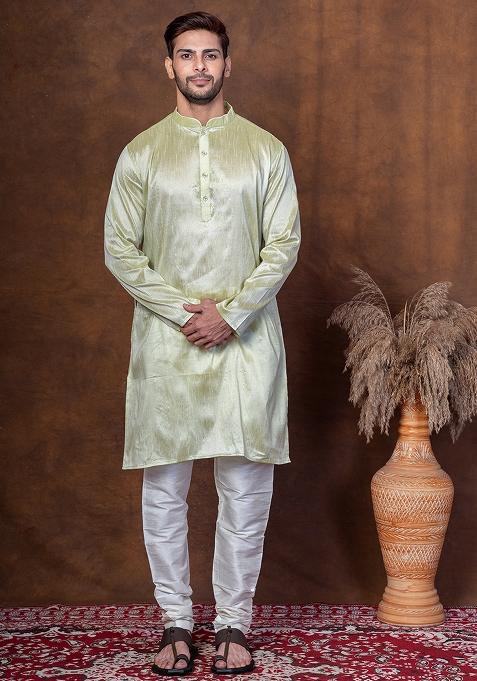 Green Solid Blended Kurta For Men — view on Indya