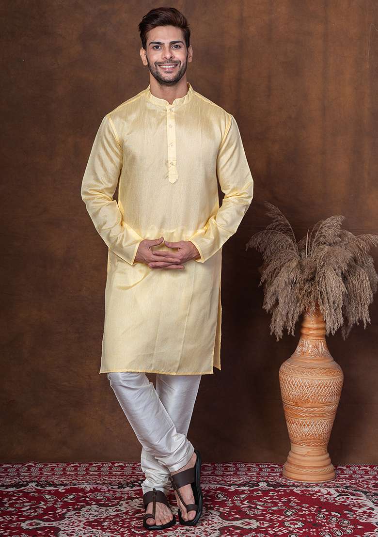 Yellow Solid Blended Kurta For Men - Indya