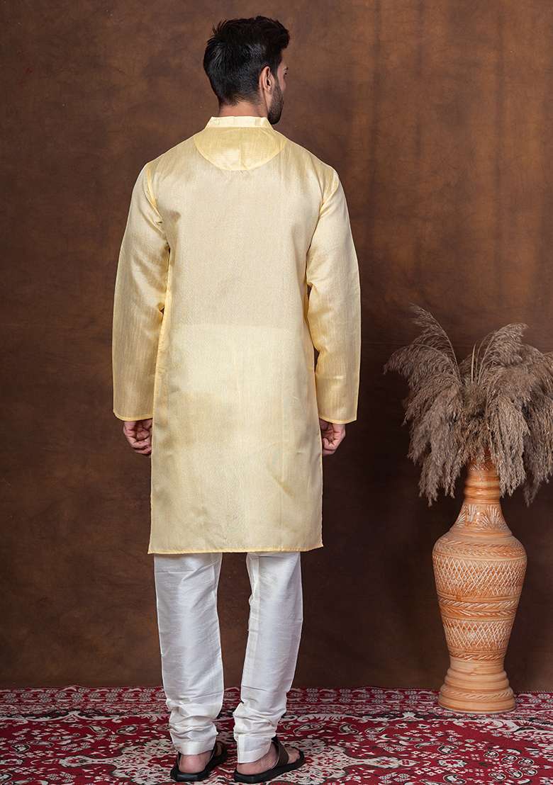 Yellow Solid Blended Kurta For Men - Indya