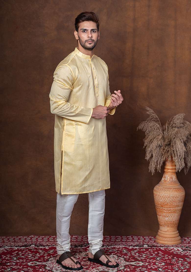 Yellow Solid Blended Kurta For Men - Indya