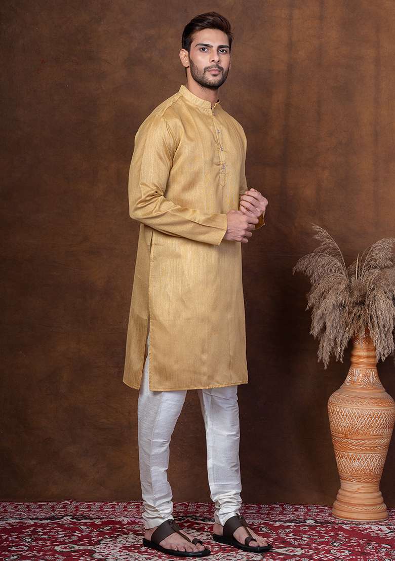 Beige Solid Blended Kurta For Men - Indya