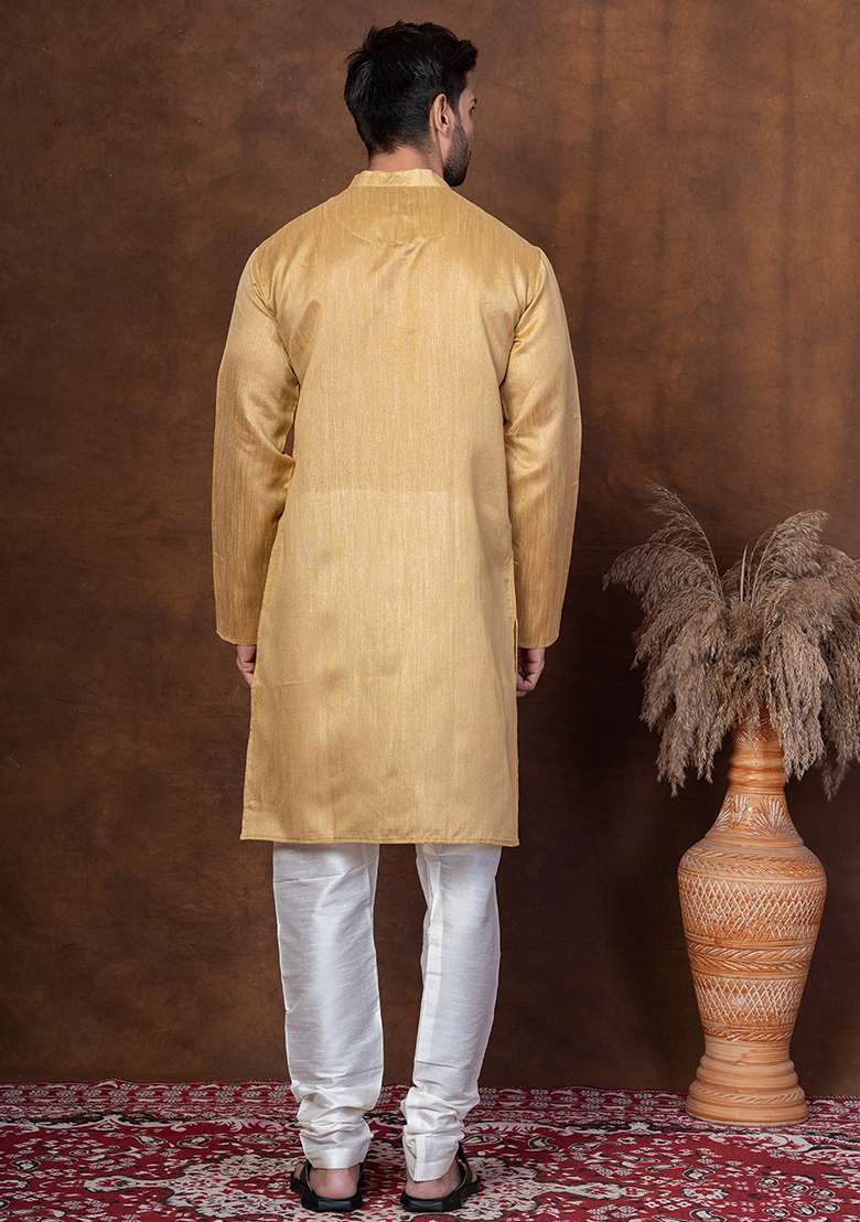 Beige Solid Blended Kurta For Men - Indya