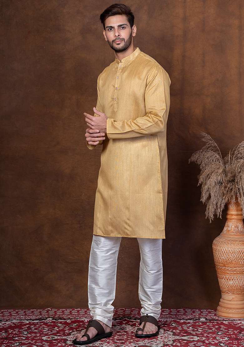 Beige Solid Blended Kurta For Men - Indya