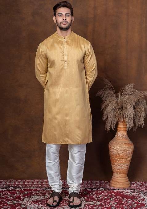 Beige Solid Blended Kurta For Men
