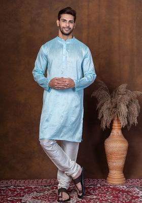 Sku Blue Solid Blended Kurta For Men