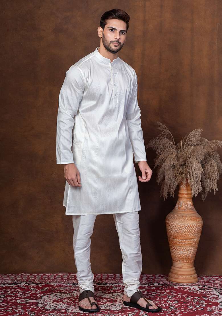 Off White Solid Blended Kurta For Men - Indya