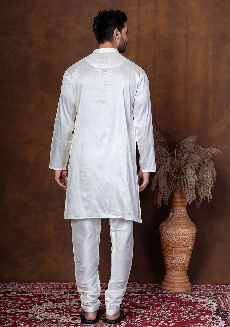 Off White Solid Blended Kurta For Men - Indya