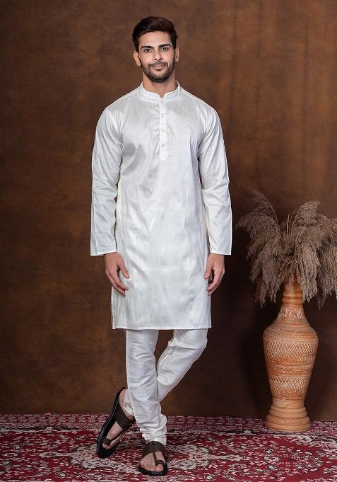 Off White Solid Blended Kurta For Men