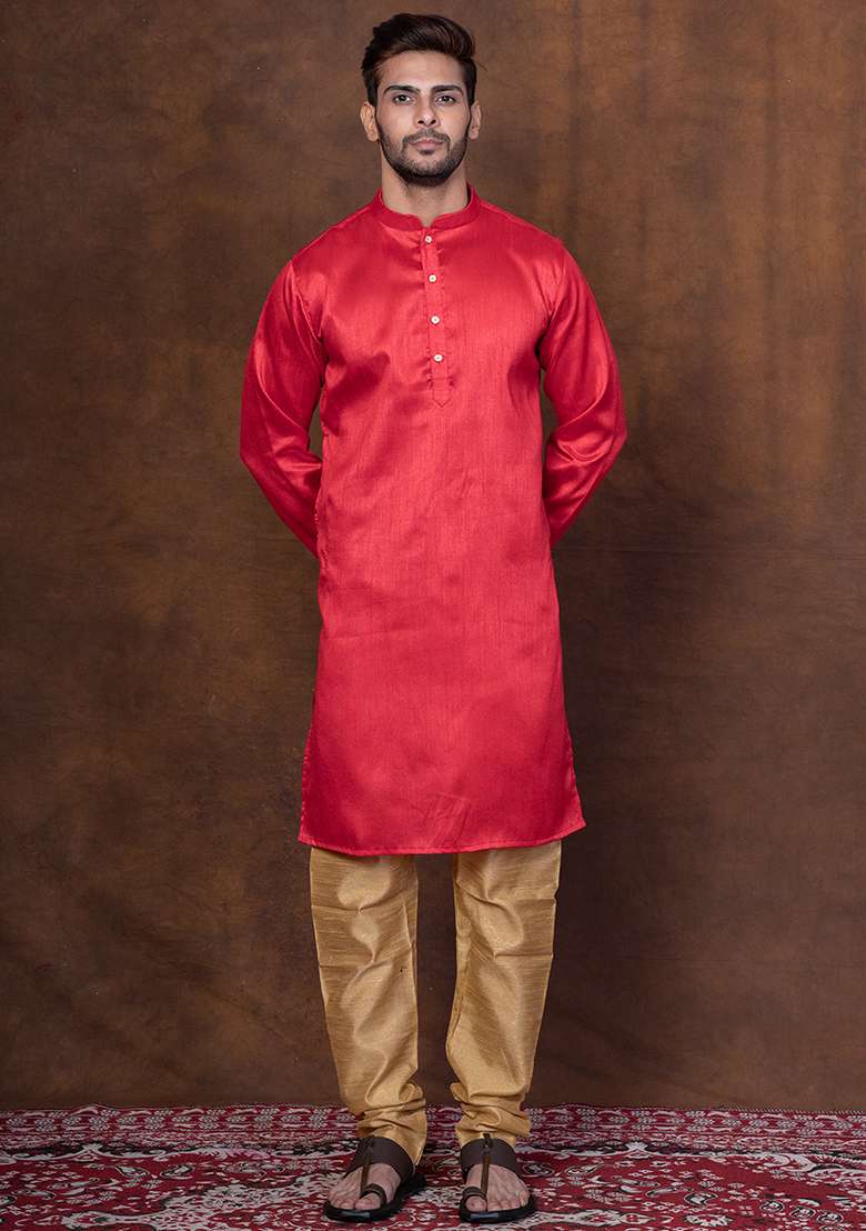 Red Solid Blended Kurta For Men - Indya