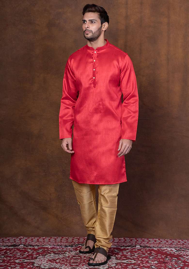 Red Solid Blended Kurta For Men - Indya