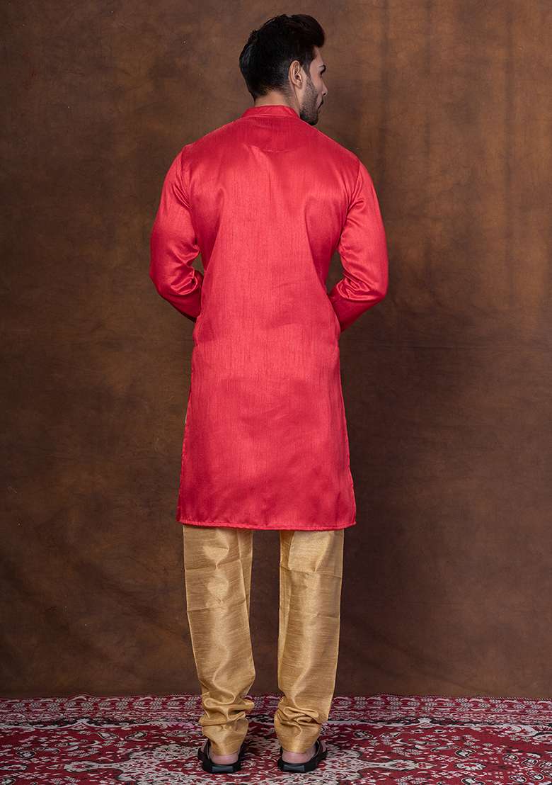 Red Solid Blended Kurta For Men - Indya