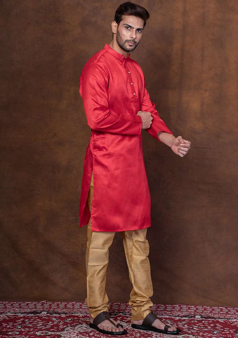 Red Solid Blended Kurta For Men - Indya