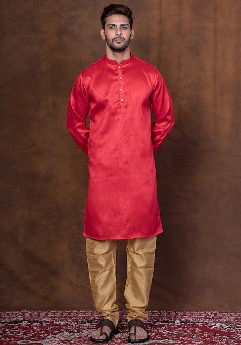 Red Solid Blended Kurta For Men — view on Indya